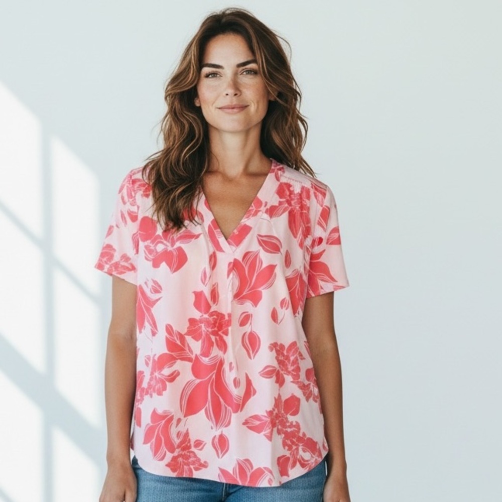 Liz Claiborne Pink Floral V-Neck Blouse